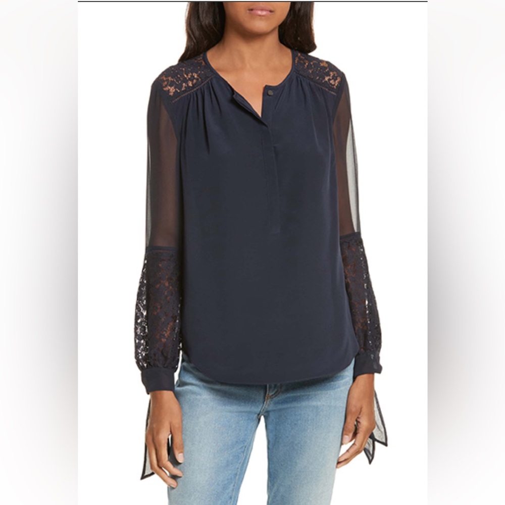 Rebecca Taylor Stella Silk Blouse Sheer & Lace Sleeves W/Ties Navy Like New Sz 4
